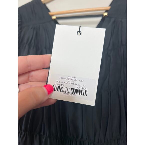 NWT Aje Evelina Ruched Blouson Sleeve V-Neckline Cotton Mini Dress Black Size: 4 - Picture 5 of 8